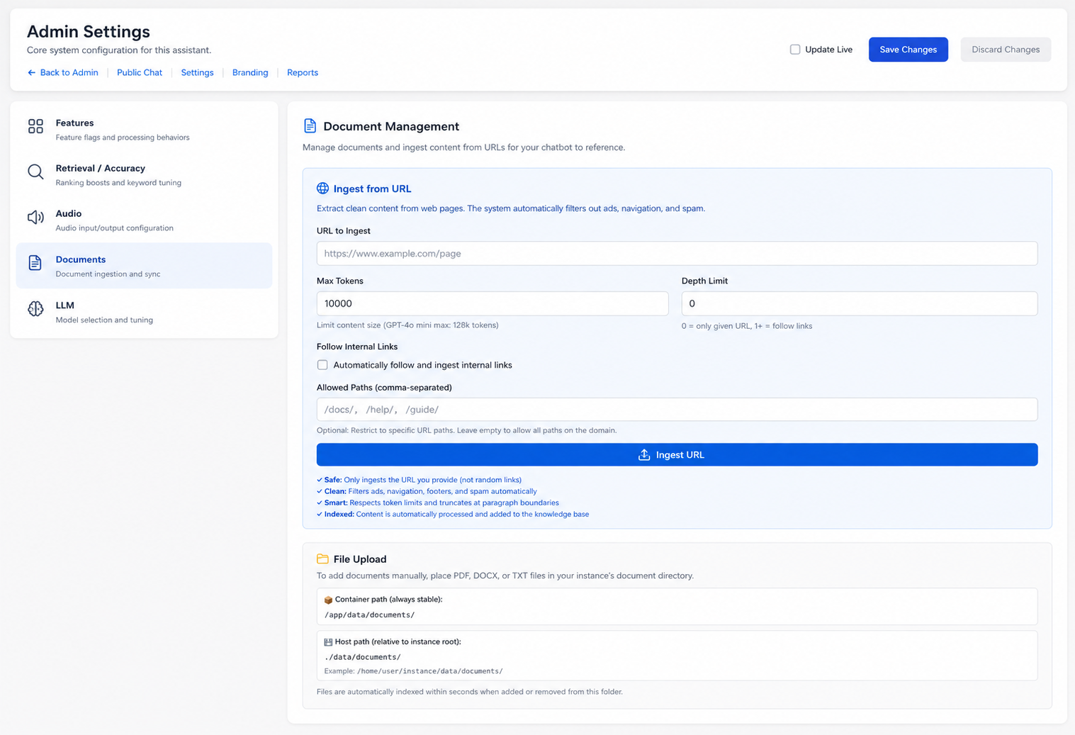LuxonLink document ingestion controls for approved files and selected web pages