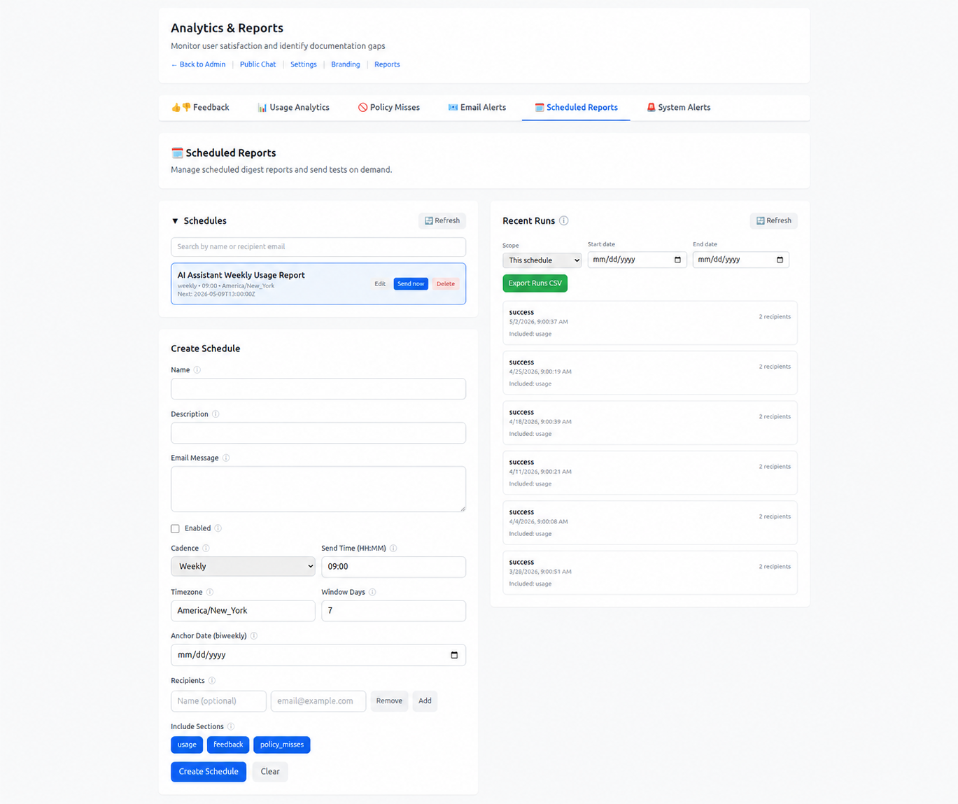 LuxonLink scheduled reports settings for usage feedback and policy miss reporting